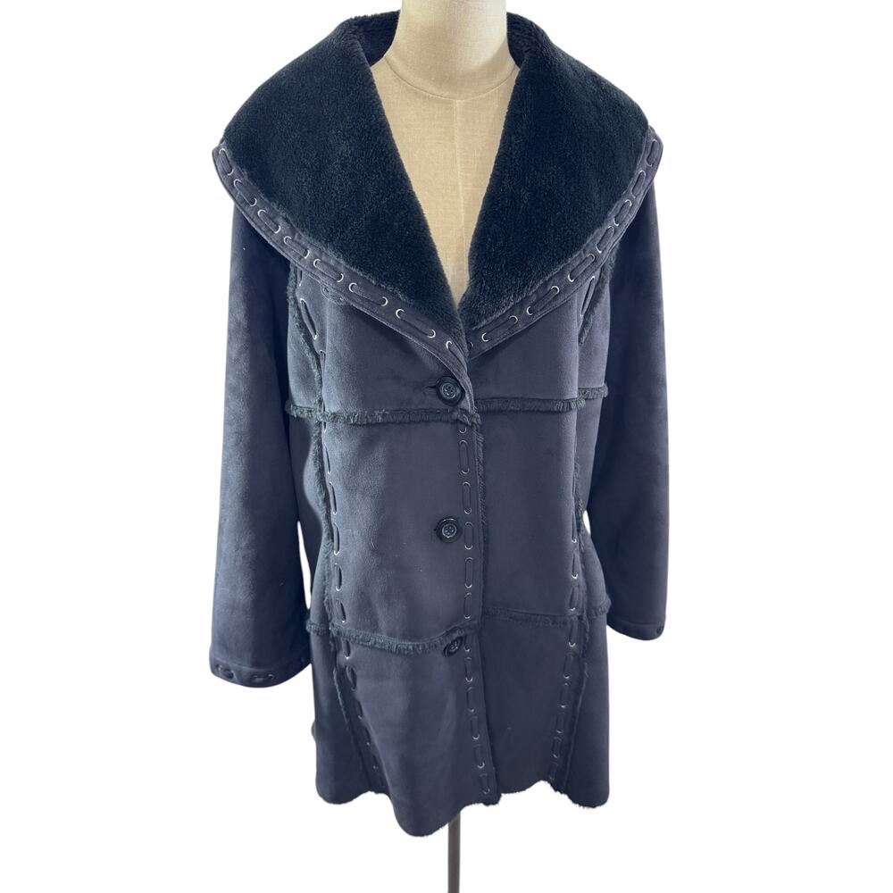 "DENNIS BY DENNIS BASSO" Suede Coat, Faux Fur,‎ Y2K, Goth, Vampire, SZ L,Grundge